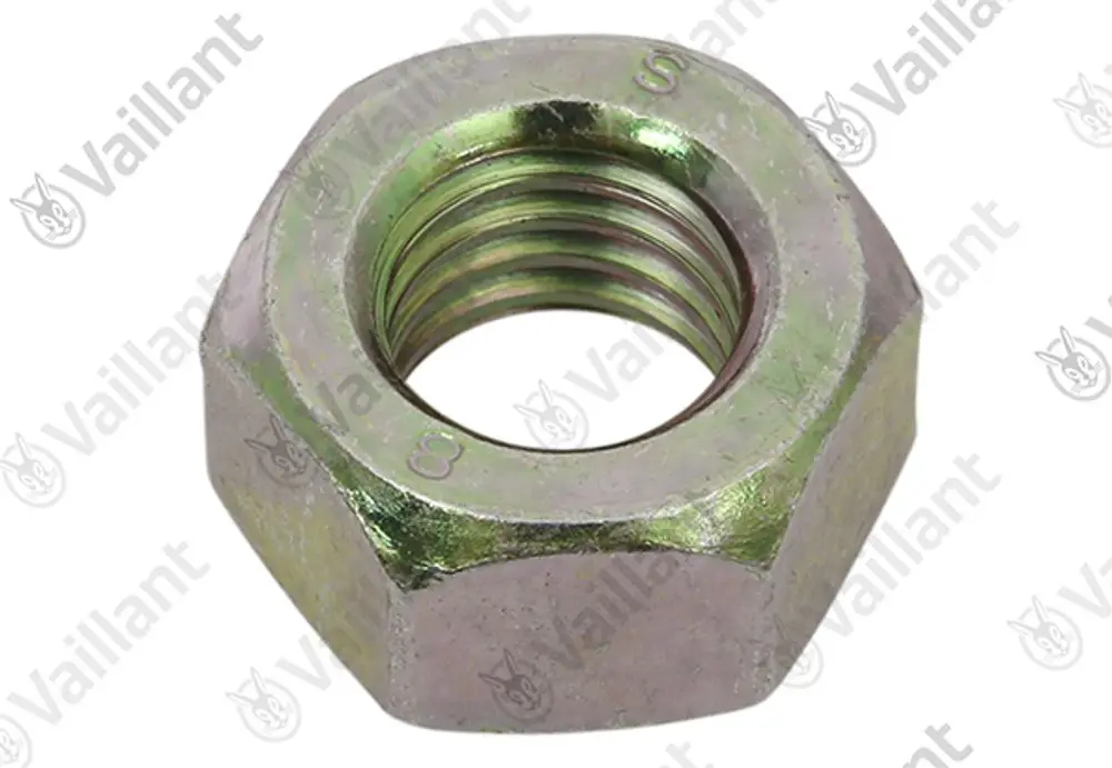 Sechskantmutter aus Metall mit Gewinde, vermutlich von Vaillant. Sichtbar sind die charakteristischen sechseckigen Konturen und eine glatte Oberfläche.
